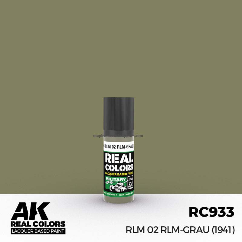 AK Interactive Real Colors RLM 02 RLM-GRAU (1941) lacquer paint bottle on matching olive-gray background.
