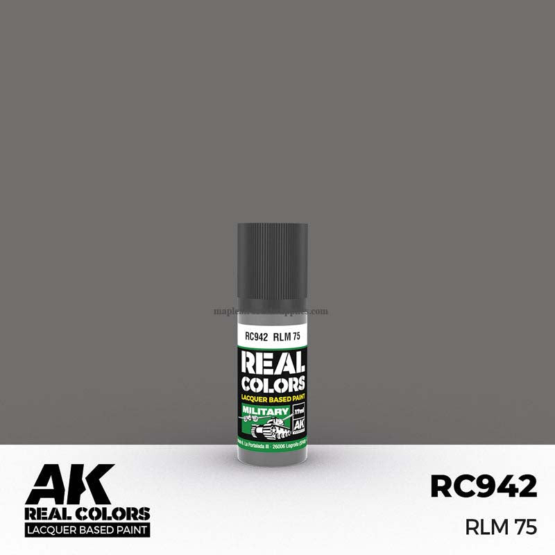 AK Interactive Real Colors RLM 75 lacquer paint bottle for authentic military model detailing and weathering.