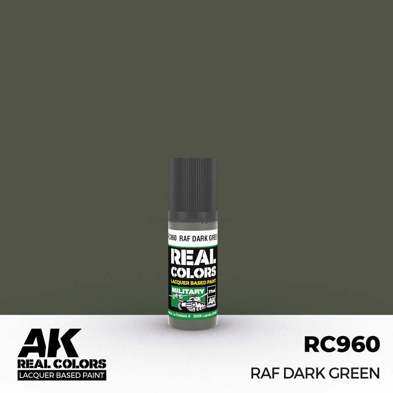 AK Interactive Real Colors RAF Dark Green lacquer paint bottle with authentic military green color for modeling.