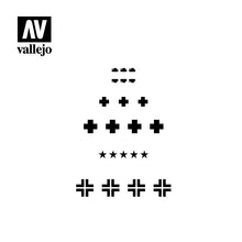 Vallejo Stencil German WWII Tank Markings featuring assorted 1/35 scale WWII German tank insignias and symbols for hobby models.