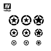 Vallejo Stencil USAF Markings featuring detailed star insignias for 1/32 1/48 1/72 scale model aircraft painting.