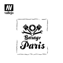 Vallejo Stencil Vintage Garage Sign with pistons, gear, and wrench design for 1/35 scale model crafting.