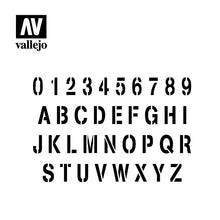Vallejo Stencil Stamp Font displaying black stencil style numbers and letters for 1/35 scale hobby use.