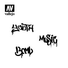 Vallejo Stencil Street Art #1 featuring graffiti-style stencil words youth music bomb in 1/35 scale for hobby use.