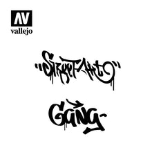 Vallejo Stencil Street Art #2 showing graffiti-style text "Street Art" and "Gang" in black for 1/35 scale modeling.