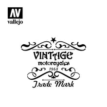 Vallejo Stencil Vintage Motorcycle Signs 1/35 scale with decorative vintage style trade mark design elements.