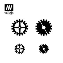 Vallejo Stencil Gear Markings featuring detailed gear shapes for hobby model painting and precision stencil applications.