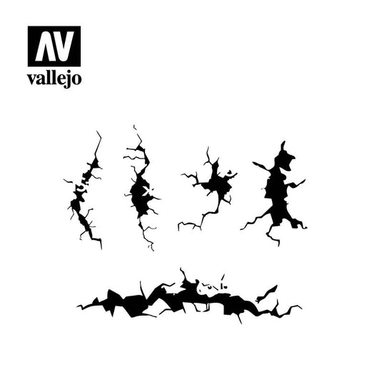 Vallejo Stencil Cracked Wall 1/35 scale showing detailed cracked wall patterns for realistic hobby model effects.