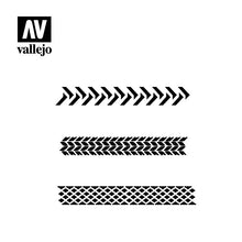 Vallejo Stencil Tire Marking 1/35 scale showing three detailed tire tread patterns for hobby modeling projects.