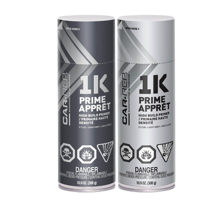Car-Rep Aerosol 1K High Build Primer spray cans in dark grey and light grey for surface filling and adhesion.