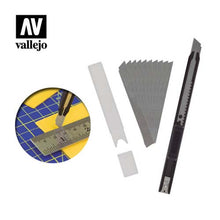 Vallejo Slim Snap-Off Knife & 10 Blades with black handle, extra blades, blade remover, and cutting ruler.