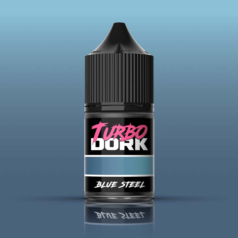 Turbo Dork Blue Steel Metallic acrylic paint bottle showing metallic gray with blue tint in 22ml size.