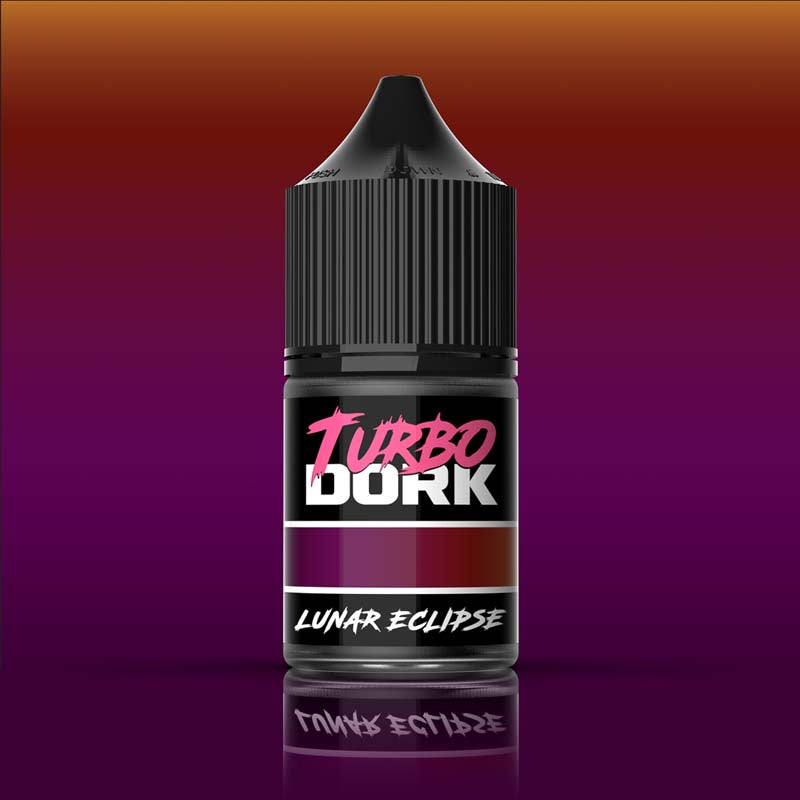 Turbo Dork Lunar Eclipse TurboShift acrylic paint bottle with purple, red, and orange hues for airbrush use.