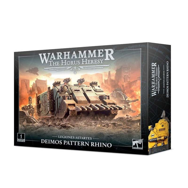 Warhammer The Horus Heresy Legiones Astartes Deimos Pattern Rhino model kit box art with armored Rhino vehicle.
