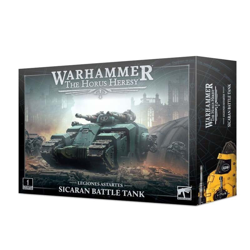 Horus Heresy Legiones Astartes Sicaran Battle Tank plastic kit with turret-mounted autocannons and heavy bolter weaponry.