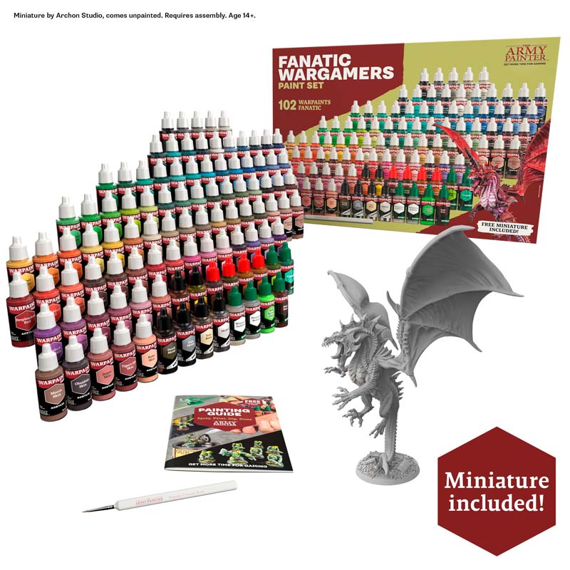 The Army Painter Warpaints Fanatic Wargamers Set with 102 acrylic paints, a dragon miniature, and painting guide included