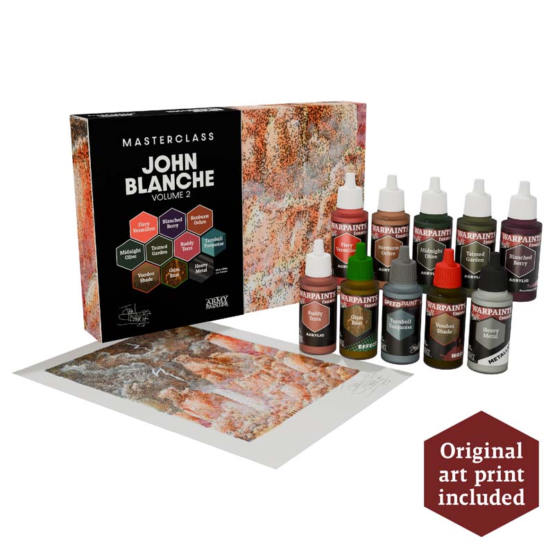 The Army Painter - John Blanche Paint Set - Volume 2 with 10 Warpaints and Speedpaint, including exclusive art print and guide.