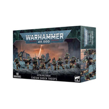 Warhammer 40K Astra Militarum Cadian Shock Troops set of ten unpainted plastic miniatures with weapons and detailed bases.