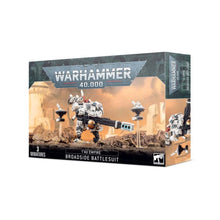Warhammer 40K T'Au Empire Broadside Battlesuit with heavy rail rifle and two drones detailed miniatures model kit.