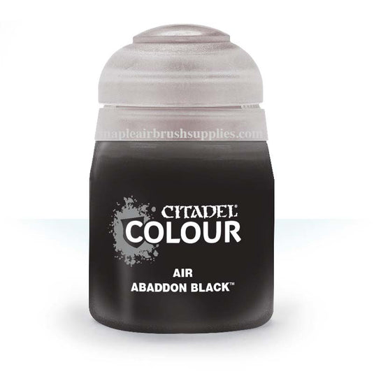 Games Workshop Citadel Air Abaddon Black 24ml bottle of black airbrush paint for miniature painting.
