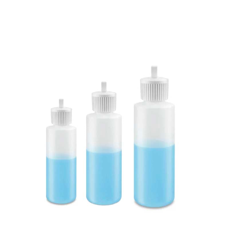 Empty Bottle in 1oz, 2oz, 4oz sizes made of translucent, impact-resistant HDPE for storing paints and liquids.