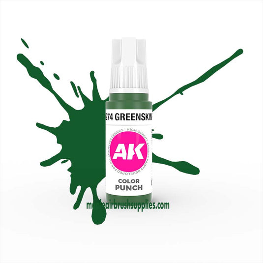 AK3rd Gen GreenSkin Color Punch bottle with vibrant green paint splash showcasing premium hobby paint intensity and coverage.