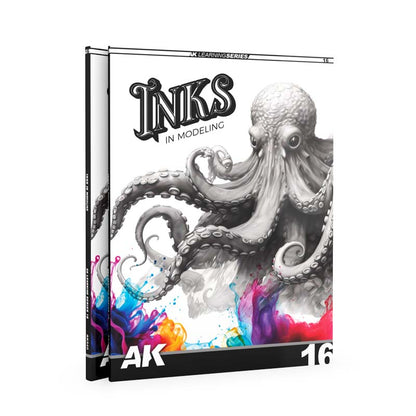 AK Interactive Learning Series 16 The INKS guide showcasing inks for enhancing miniatures and modeling projects with vibrant colors.