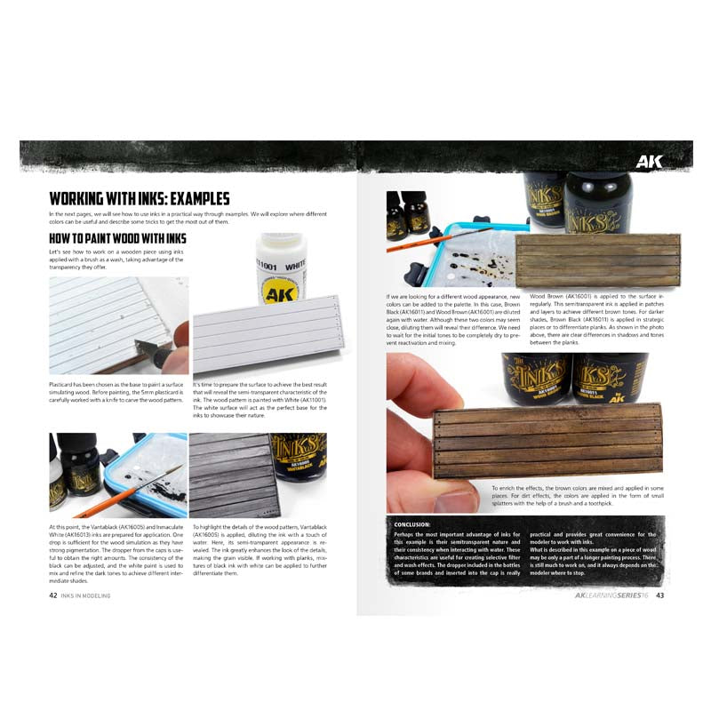 AK Interactive Learning Series 16 The INKS showing inks application and techniques for enhancing model wood textures.