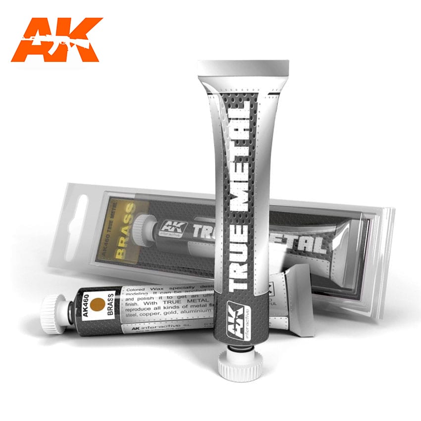 Ak True Metal Brass metallic wax paint tube for realistic modeling with rich pigments and polished finish.