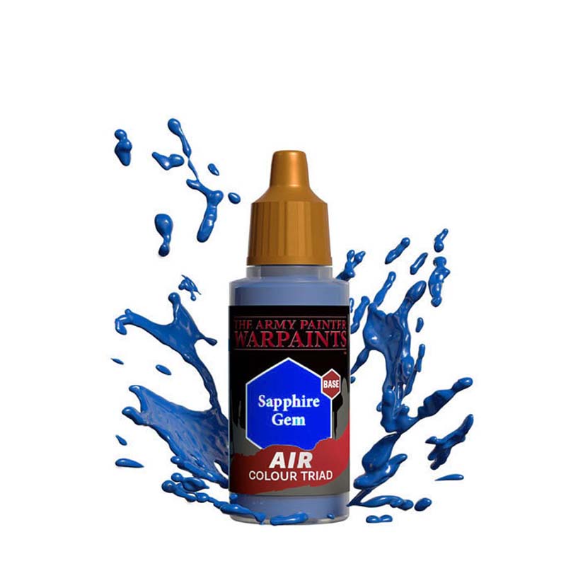 The Army Painter Air Sapphire Gem bottle with blue paint splash, designed for detailed miniature airbrush painting.