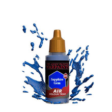 The Army Painter Air Sapphire Gem bottle with blue paint splash, designed for detailed miniature airbrush painting.