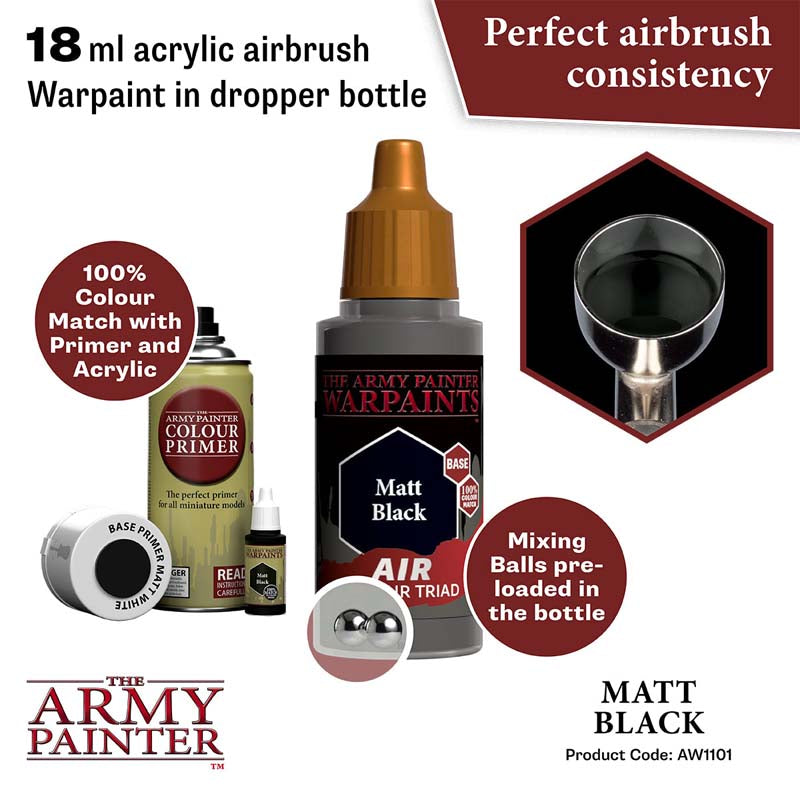 The Army Painter Air Matt Black 18ml acrylic airbrush paint with mixing balls for smooth spray consistency