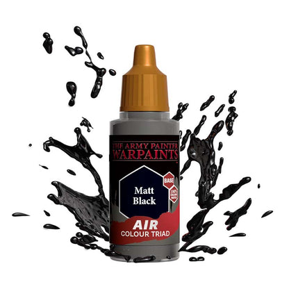 The Army Painter Air Matt Black bottle with black paint splashes showcasing matte finish airbrush paint.