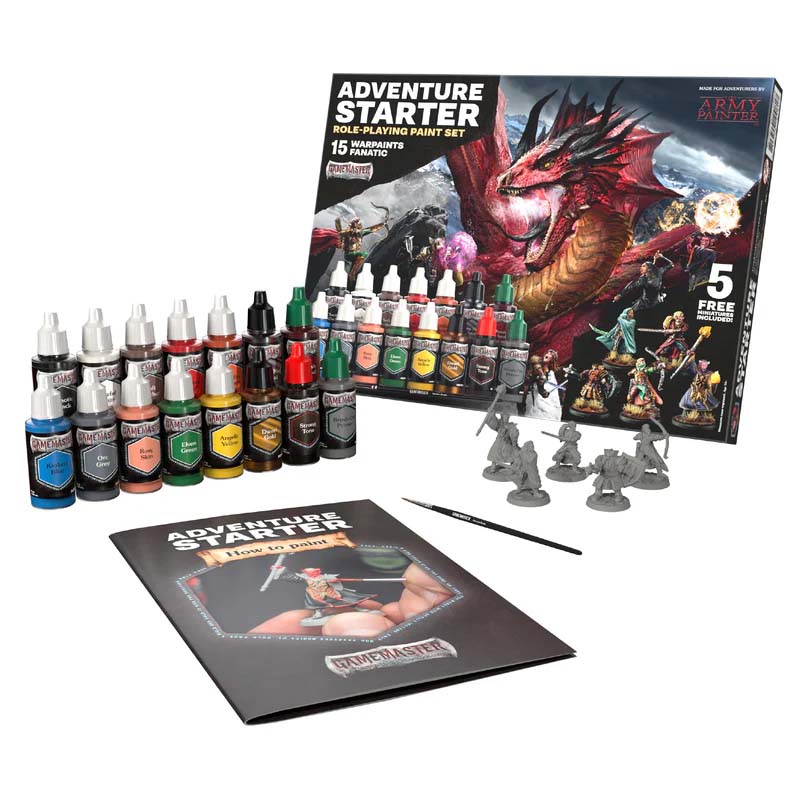 The Army Painter Gamemaster Adventure Starter Role-playing Paint Set includes 15 paints, brush, guide, and five snap-fit miniatures.