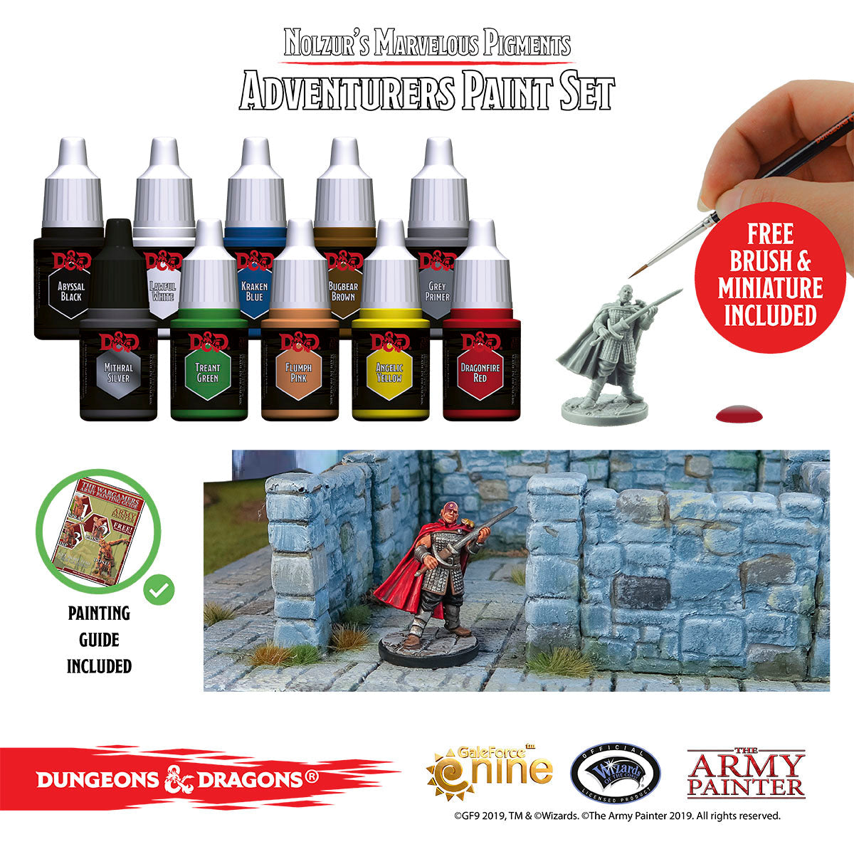 The Army Painter Gamemaster Adventures Role-playing Paint Set with paints, brush, and miniature for RPG painting.