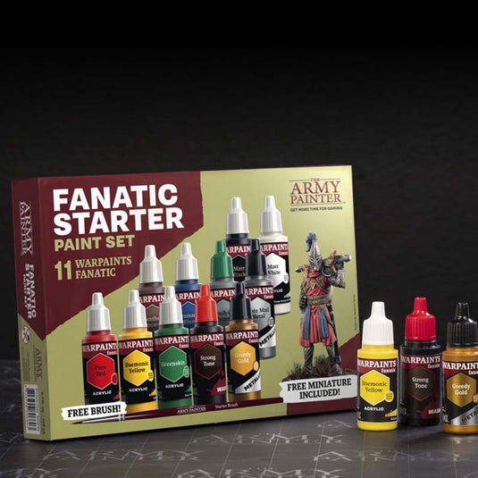 The Army Painter Warpaint Fanatic Starter Set with 11 acrylic paints, a brush, and a free miniature figure included.