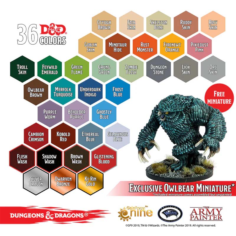 The Army Painter Nolzur's Pigments D&D Monsters Paint Set with 36 colors and exclusive unpainted Owlbear miniature.