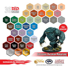 The Army Painter Nolzur's Pigments D&D Monsters Paint Set with 36 colors and exclusive unpainted Owlbear miniature.
