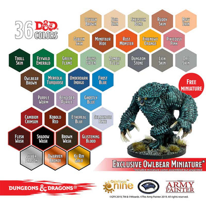 The Army Painter Nolzur's Pigments D&D Monsters Paint Set with 36 colors and exclusive unpainted Owlbear miniature.