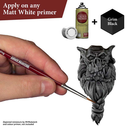The Army Painter Speedpaint Grim Black applying rich one-coat black paint for vibrant shading on miniature detail.
