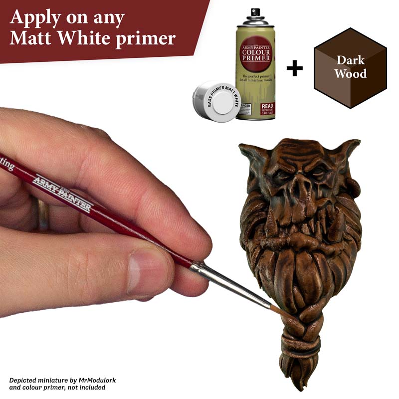The Army Painter Speedpaint Dark Wood applied with brush on detailed miniature for rich brown shading and highlights.