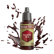 The Army Painter Speedpaint Slaughter Red bottle with dark red paint splashes showcasing vibrant one-coat miniature paint.
