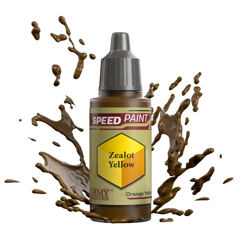 The Army Painter Speedpaint Zealot Yellow in an 18ml bottle with splash effect showcasing vibrant one-coat miniature paint.