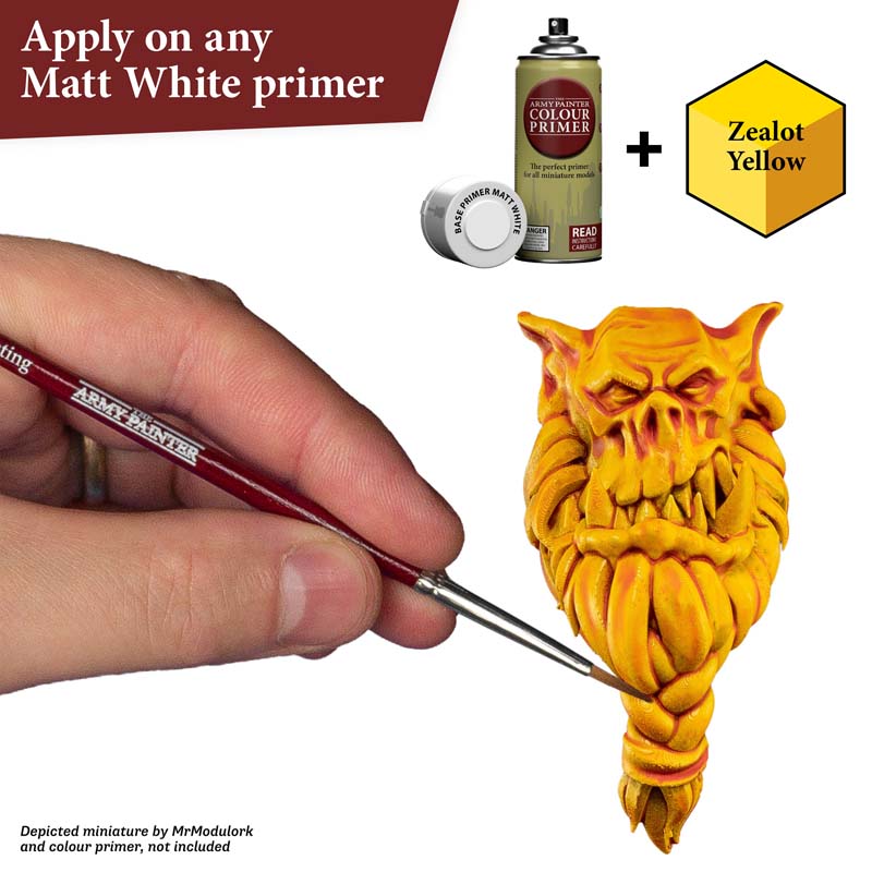 The Army Painter Speedpaint Zealot Yellow vibrant one-coat paint providing shading and highlights on miniature.