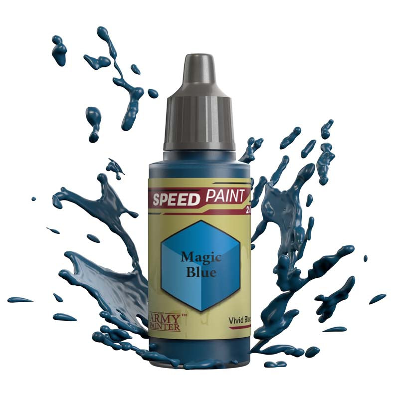 The Army Painter Speedpaint Magic Blue bottle with vibrant blue paint splash highlighting vivid one-coat miniature paint.