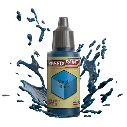 The Army Painter Speedpaint Magic Blue bottle with vibrant blue paint splash highlighting vivid one-coat miniature paint.