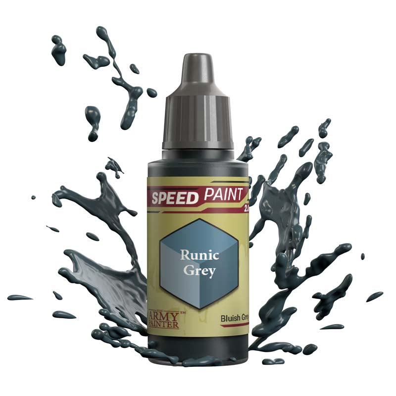 The Army Painter Speedpaint Runic Grey bottle with bluish grey paint splashes illustrating one-coat miniature paint.