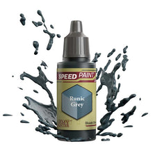 The Army Painter Speedpaint Runic Grey bottle with bluish grey paint splashes illustrating one-coat miniature paint.