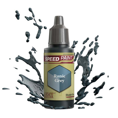 The Army Painter Speedpaint Runic Grey bottle with bluish grey paint splashes illustrating one-coat miniature paint.