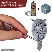 The Army Painter Speedpaint Runic Grey being applied with precision brush on a detailed miniature over white primer.